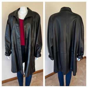 80s Vintage REMY LEATHER Black Trench Duster Futuristic Goth Coat XL